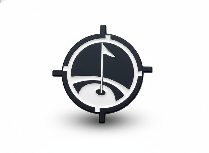 Black, Premium magnetic golf ball marker with matte black finish and precision white inlay, centered on white background