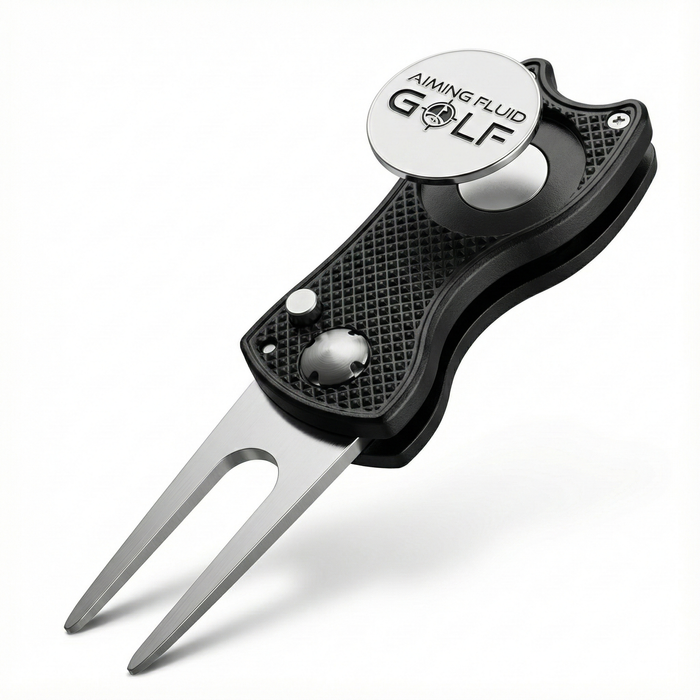 Golf black divot tool with 'Aiming Fluid Golf' branding on a white background. all metal construction, 5-1 design, safe switchblade design