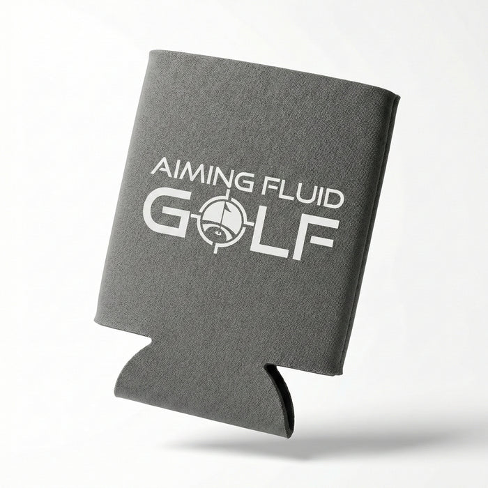 Brewski Koozie in gray with "Aiming Fluid Golf" text, designed to keep beverages cold on the golf course.