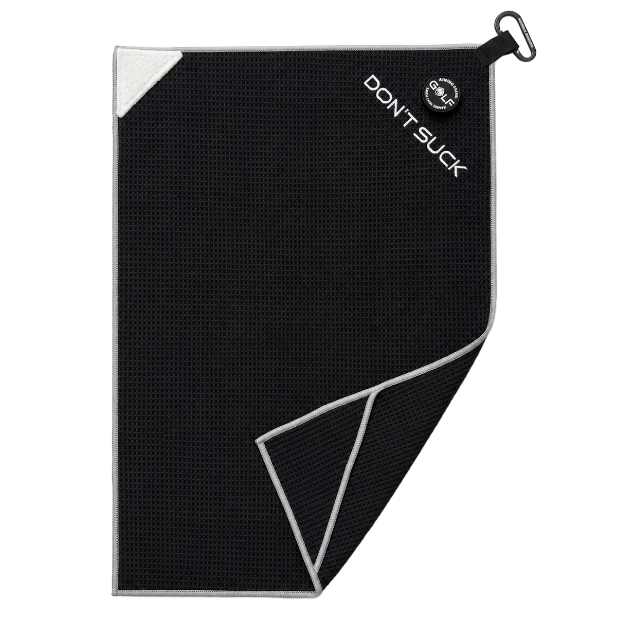 Don't Suck Magna-Anchor Stubby magnetic golf towel, black with grey trim, white triangular scrub pad and heavy-duty carabiner