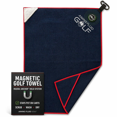 Aiming Fluid Golf navy blue waffle weave magnetic golf towel with red trim and a white corner accent.