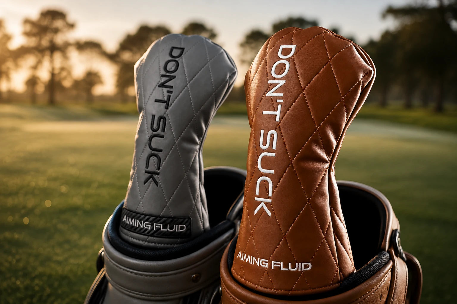 Cognac and Smoke Reserve headcovers on golf bags at sunrise