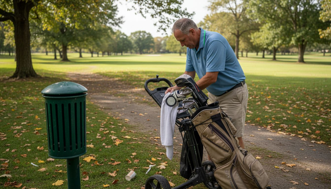 Golfer attaching magnetic towel to cart