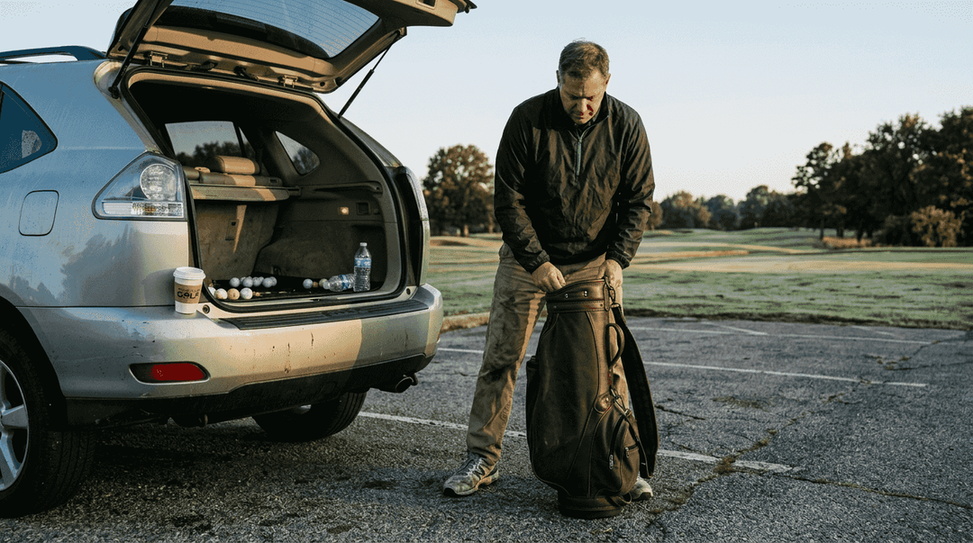 Golfer inspecting durable golf gear at dawn