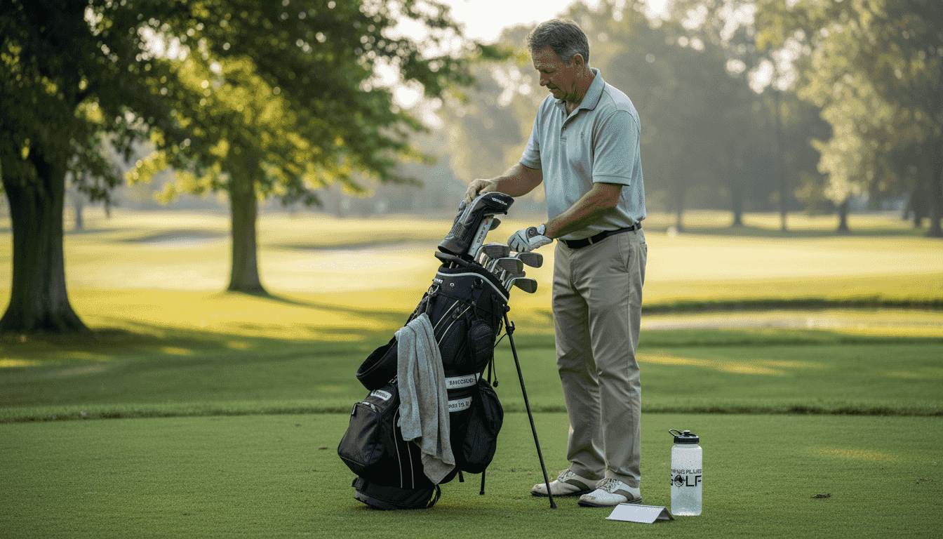 Golfer organizes accessories on tee box