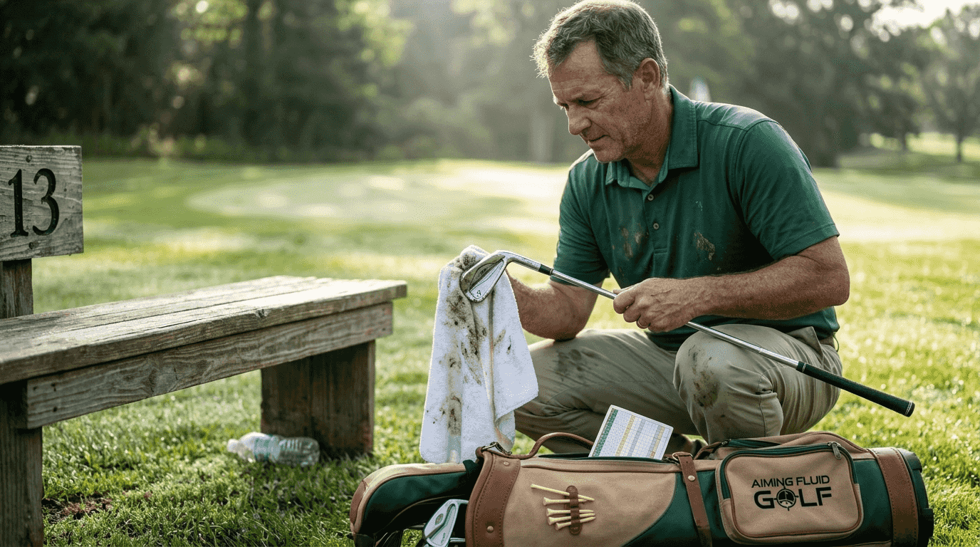 Golfer cleaning club with towel outdoors