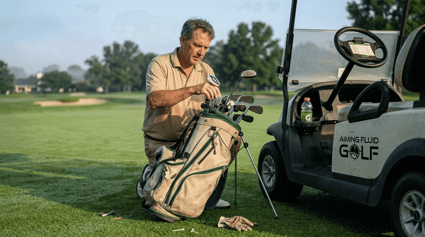 Golfer organizing clubs and gear next to bag