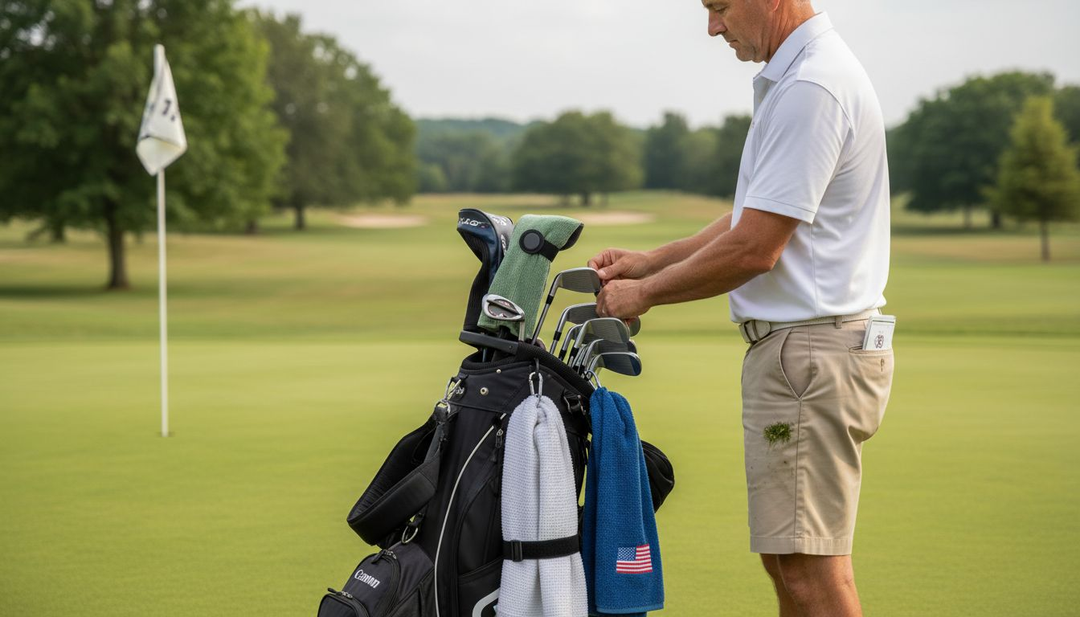 Golfer attaching towels to bag using different methods