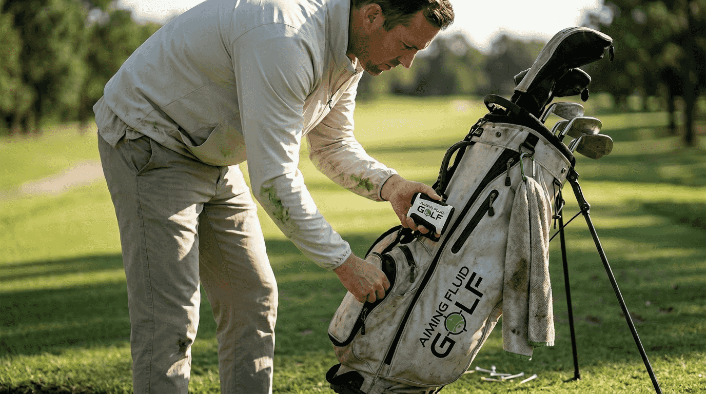 Golfer accessing organized functional golf bag