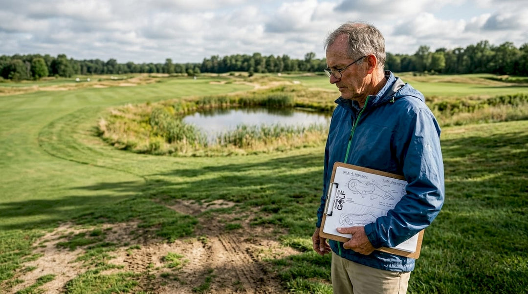 Architect walking golf course with sketches