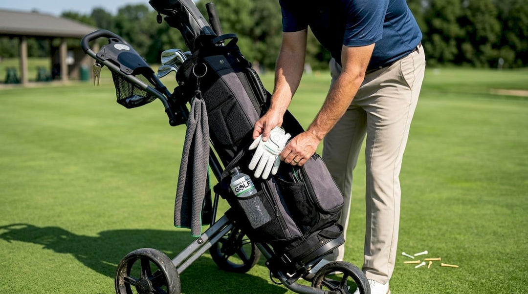 Golfer organizing bag on practice green