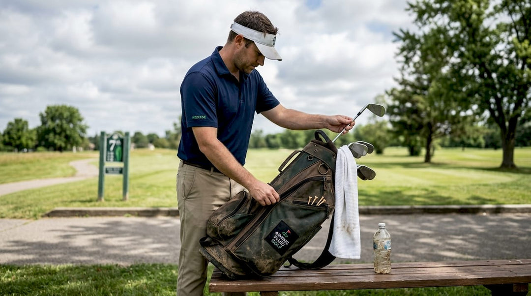 Golfer organizing bag with clubs, towel, tees