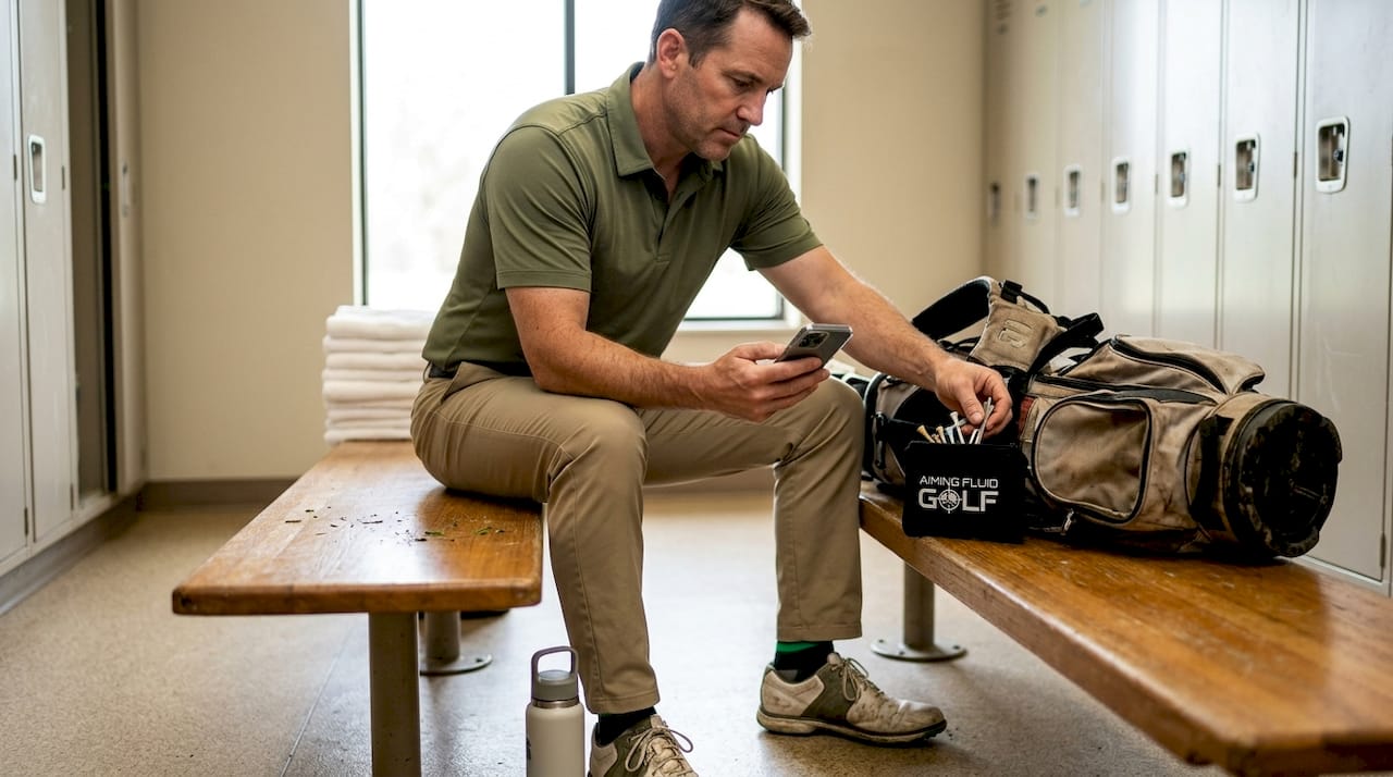 Golfer organizing gear in locker room