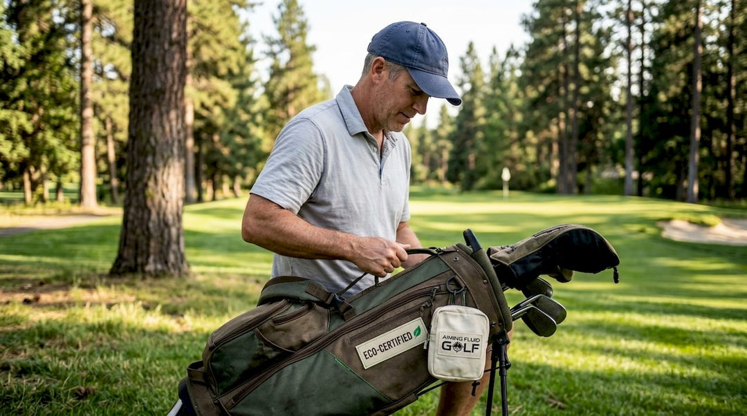 Golfer adjusts sustainable golf bag outdoors