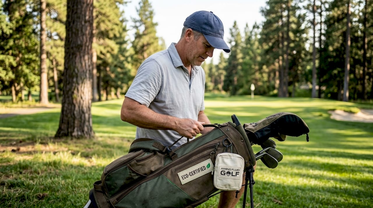 Golfer adjusts sustainable golf bag outdoors