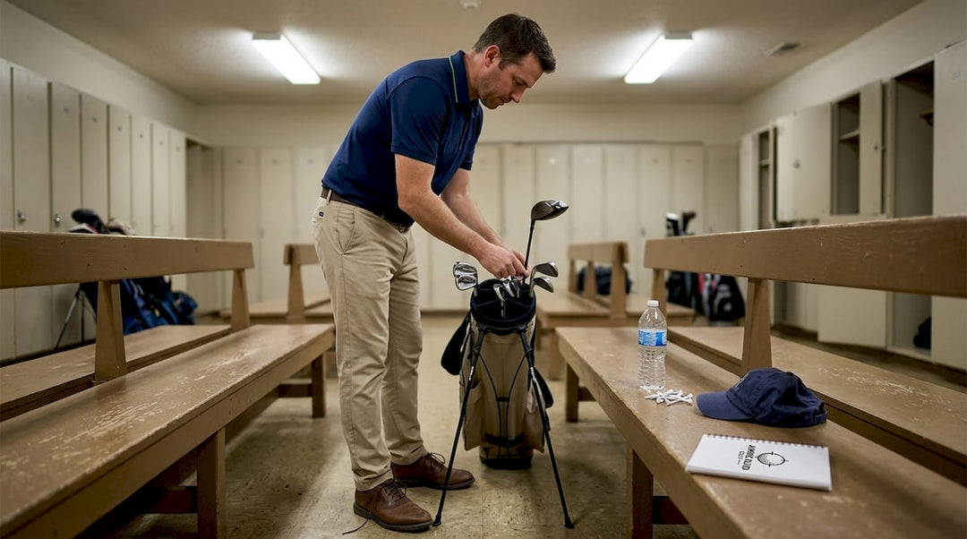 Golfer organizing bag in clubhouse locker room