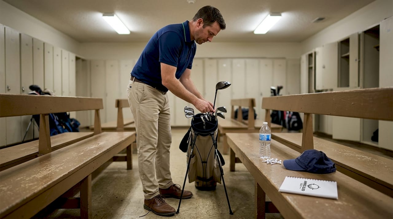 Golfer organizing bag in clubhouse locker room