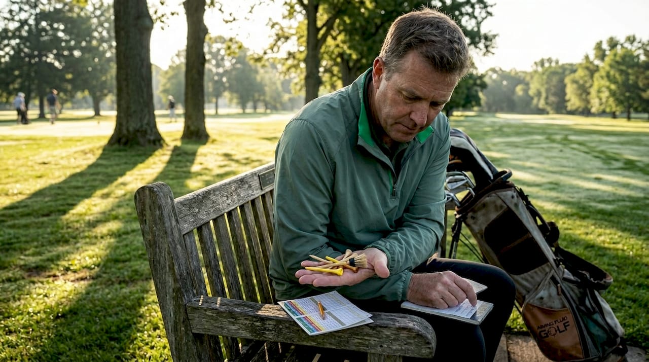 Golfer sorting various golf tees on bench