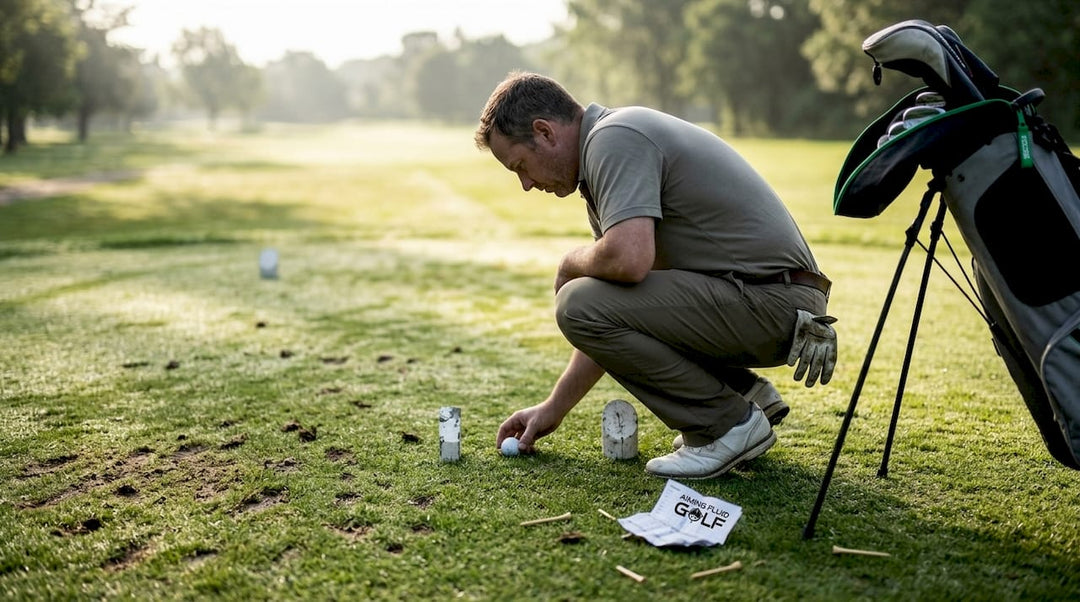 Golfer aligning tee ball between markers