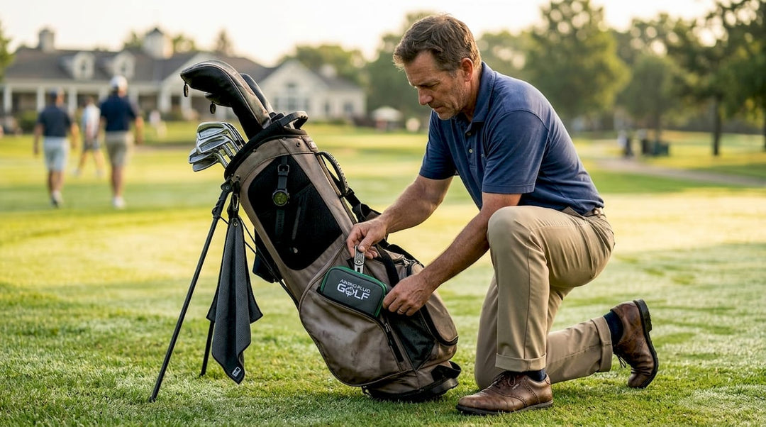 Golfer choosing multipurpose gadgets by bag