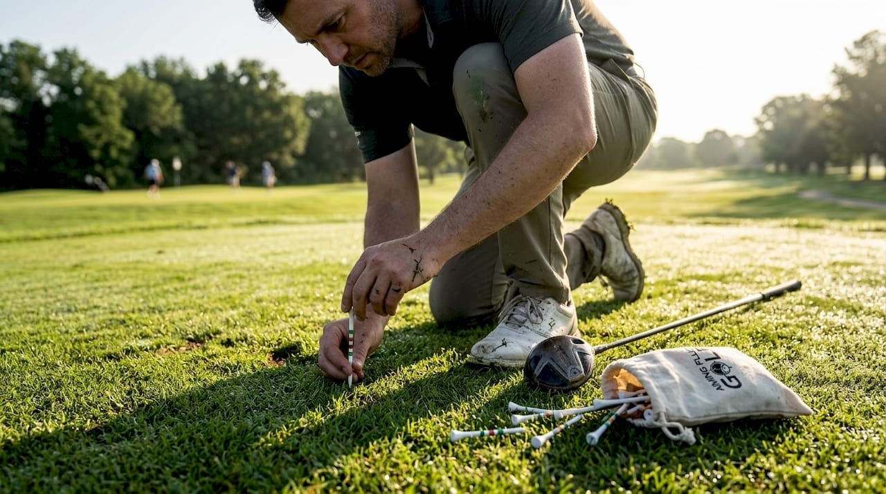 Golfer placing striped precision tee on course