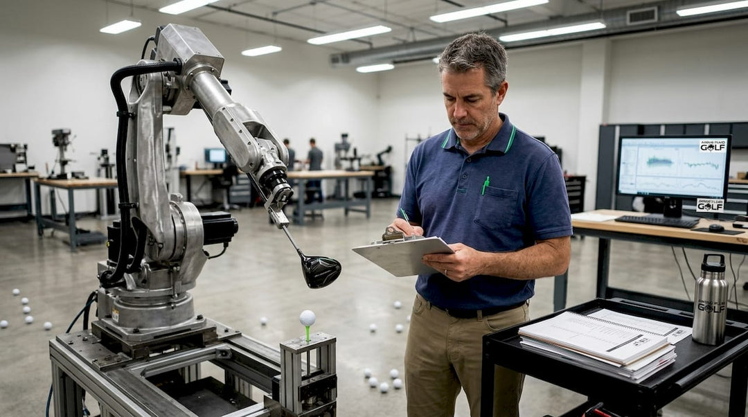 Technician recording golf robot test