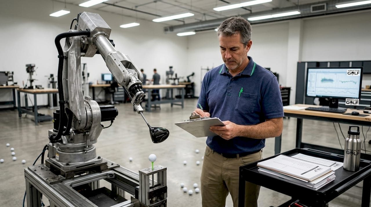Technician recording golf robot test
