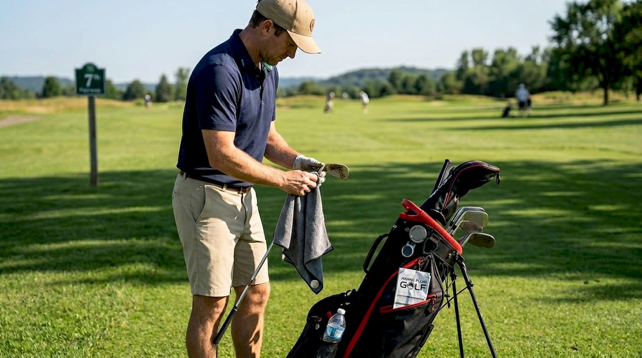 Golfer cleaning club with towel near golf bag