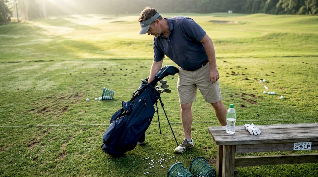 Golfer starting practice routine at range