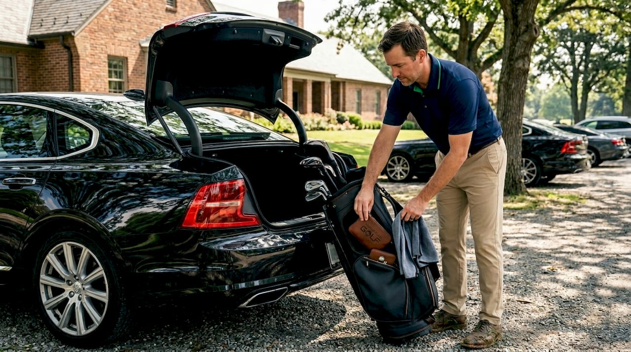 Golfer organizing premium accessories in trunk