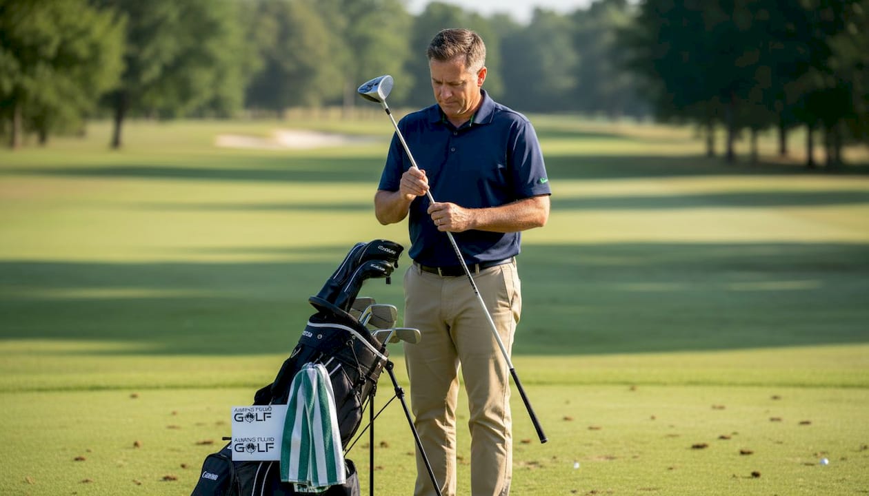 Golfer adjusting club grip beside golf bag
