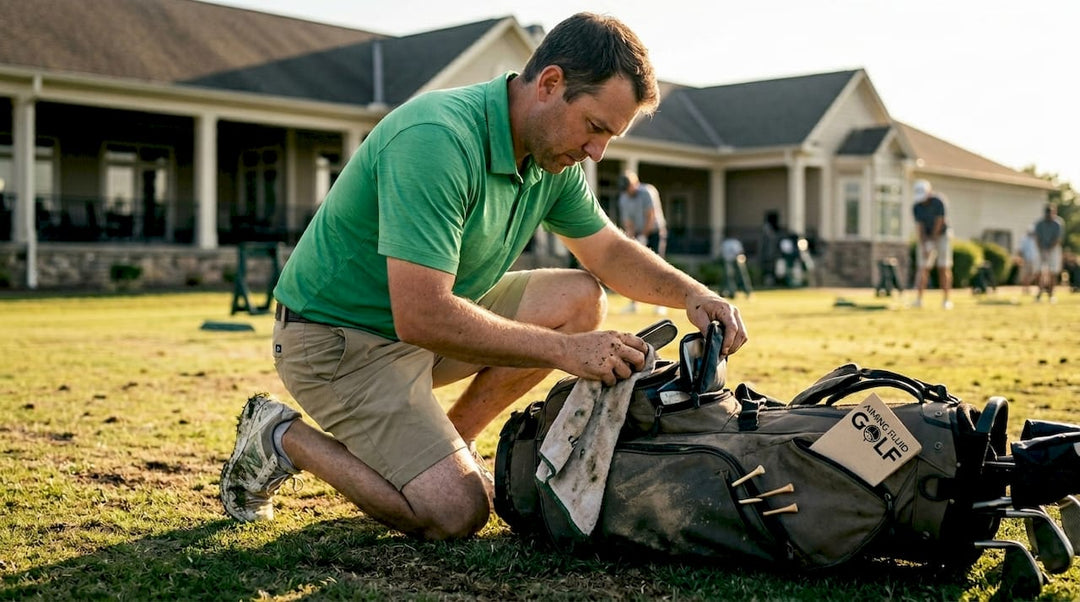 Golfer sorting accessories in gear bag