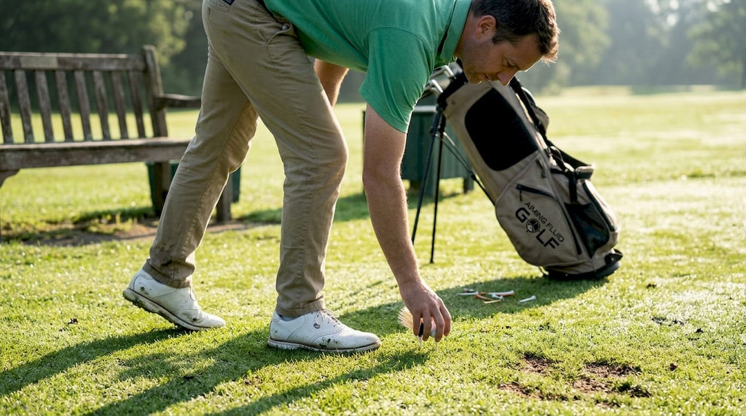 Golfer placing ball on hybrid golf tee