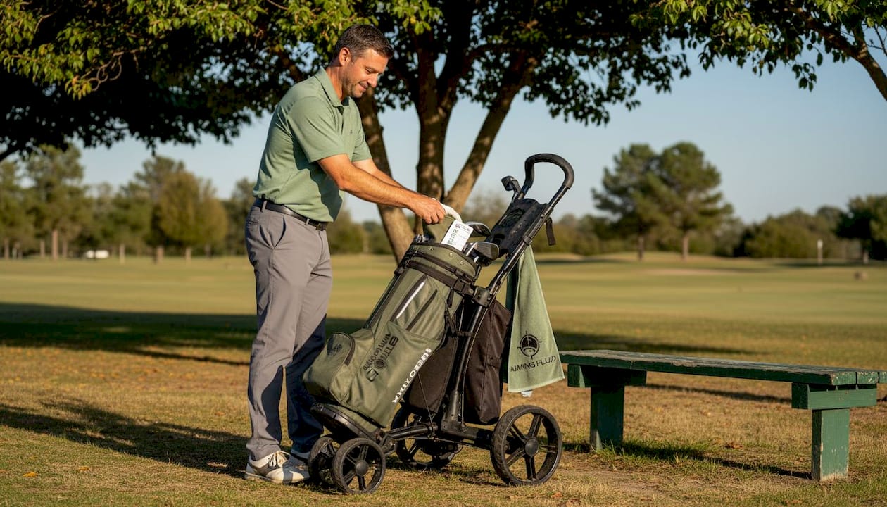 Golfer using utility gear at tee box