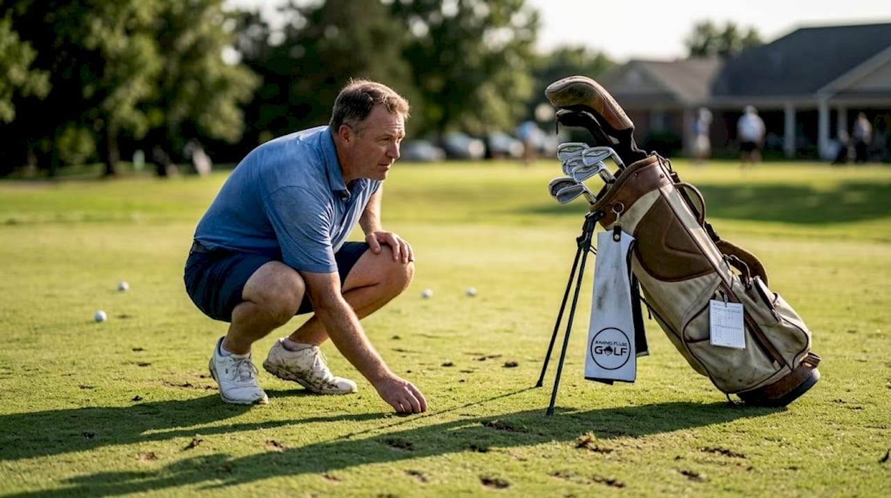 Golfer lines up putt on practice green