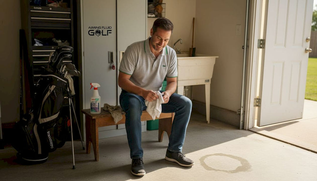 Man cleaning golf clubs in tidy garage