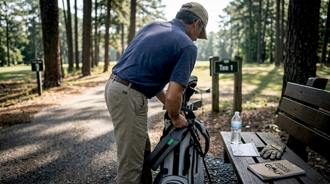 Golfer adjusting ergonomic bag on golf course