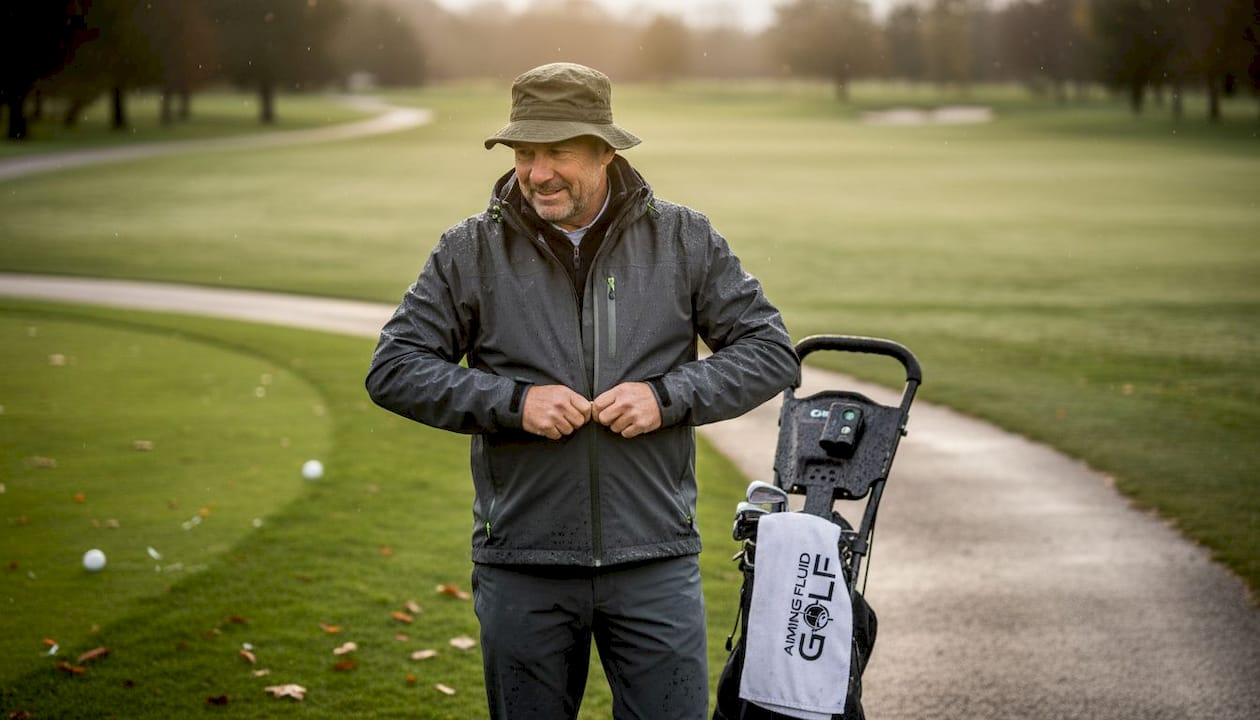 Golfer adjusting waterproof jacket after rainfall