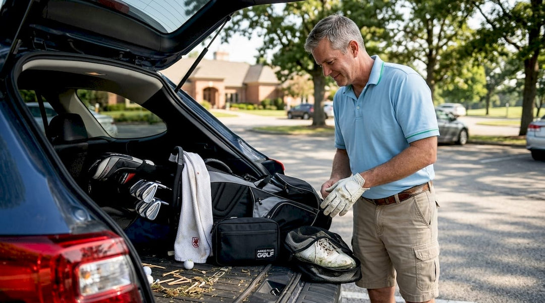 Golfer organizing gear in club parking lot