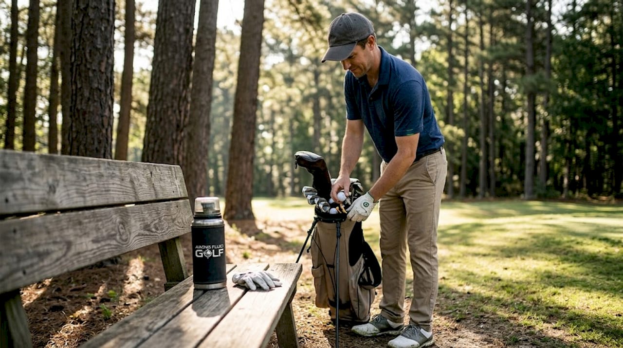 Golfer organizing stand bag before walking round