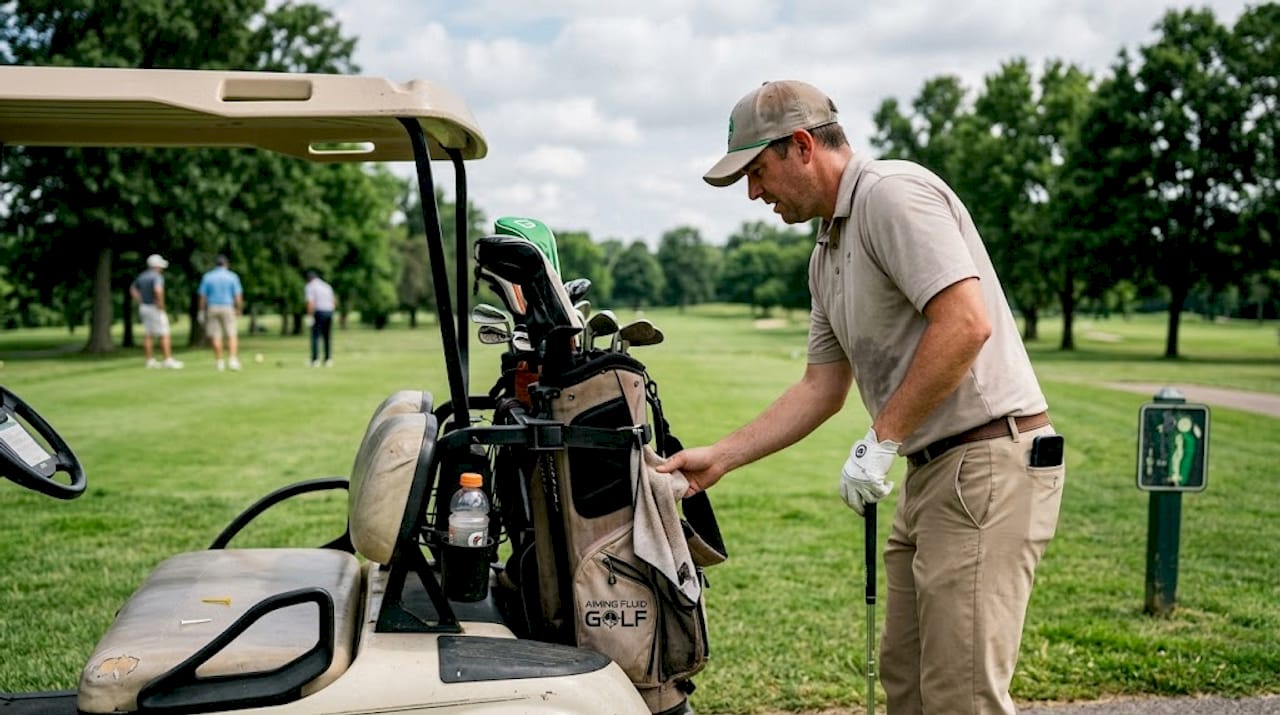 Golfer grabbing towel one-handed from bag