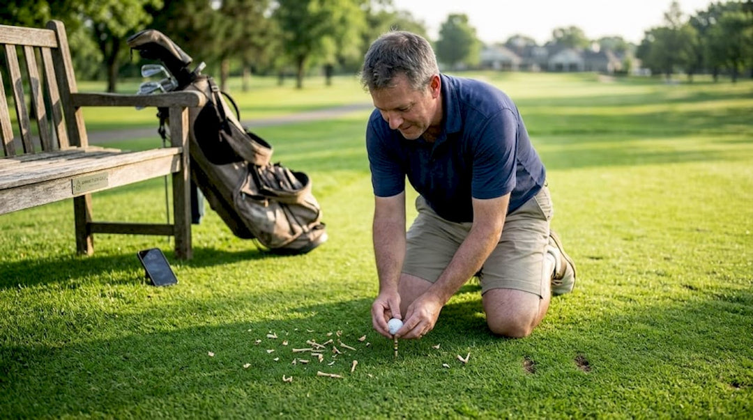 Golfer setting up ball on precision tee