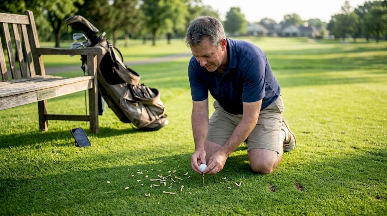 Golfer setting up ball on precision tee
