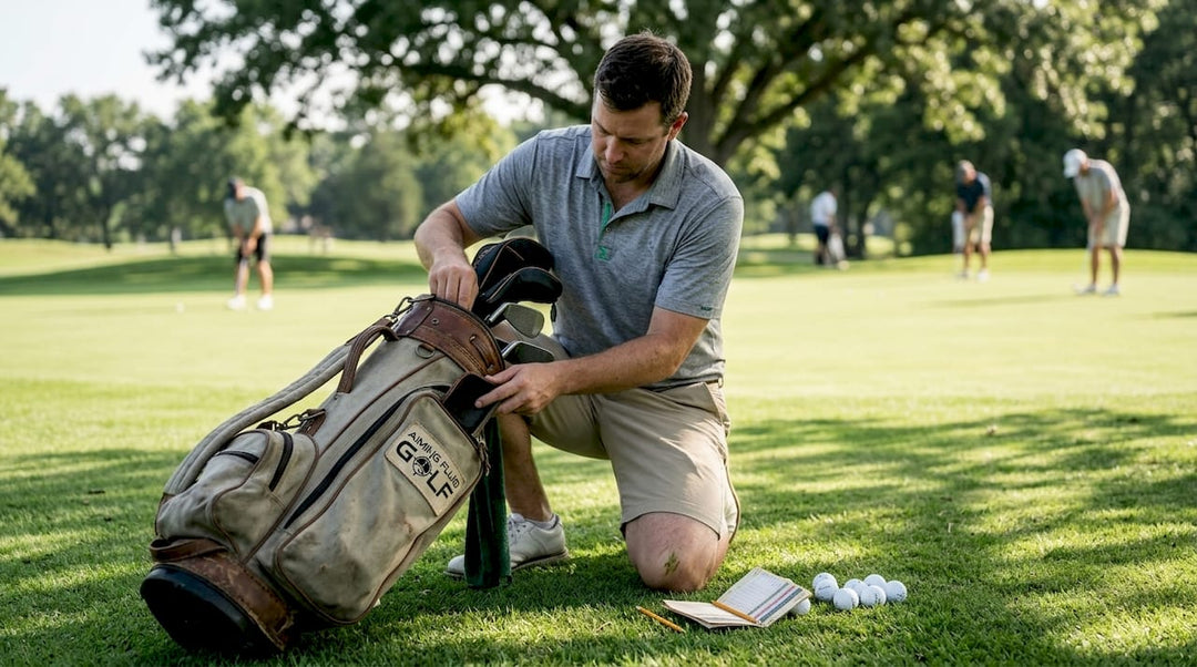 Golfer organizing bag on practice green
