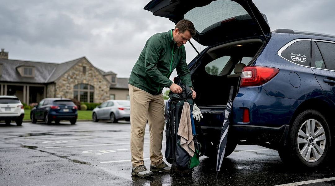 Golfer getting rain gear from golf bag