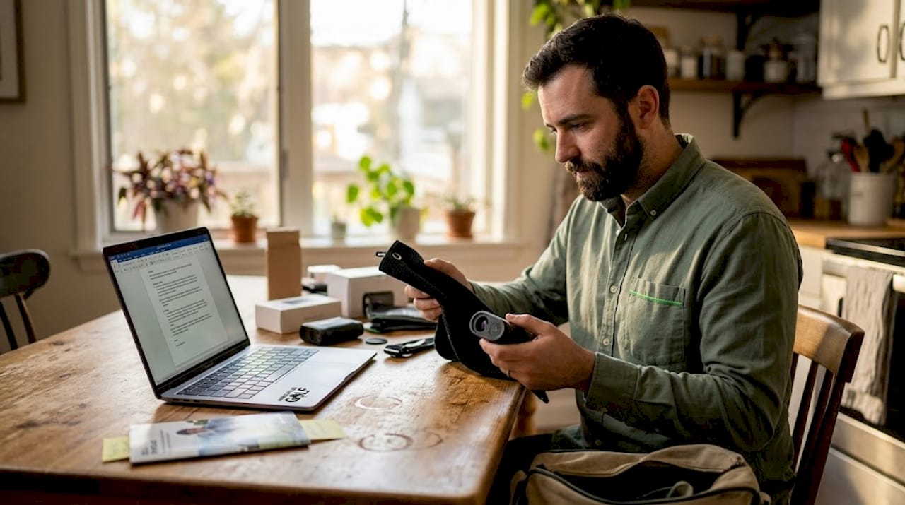 Person comparing golf accessories at kitchen table
