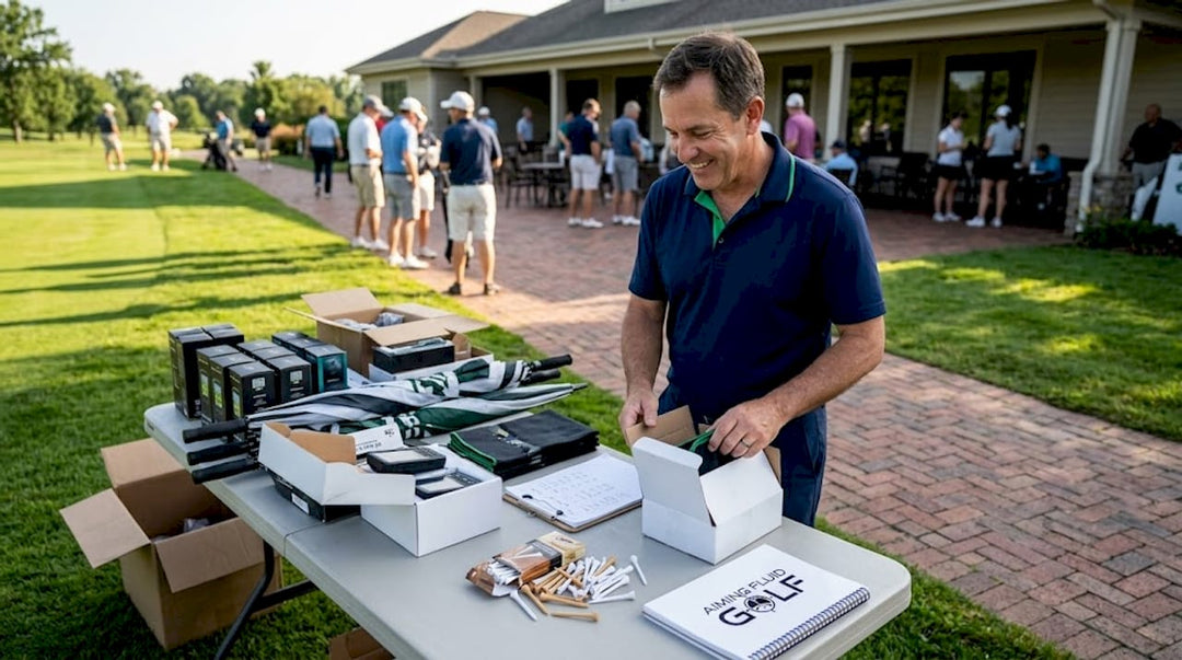 Golf event organizer preparing prize table