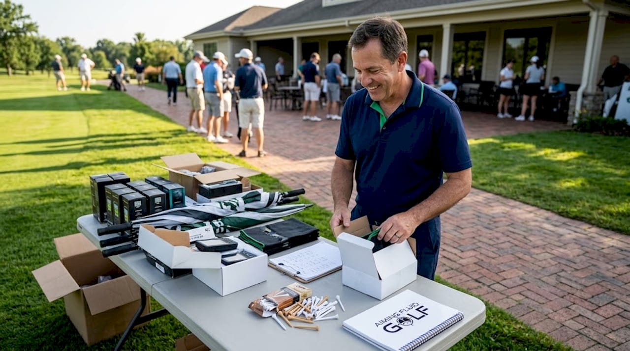 Golf event organizer preparing prize table