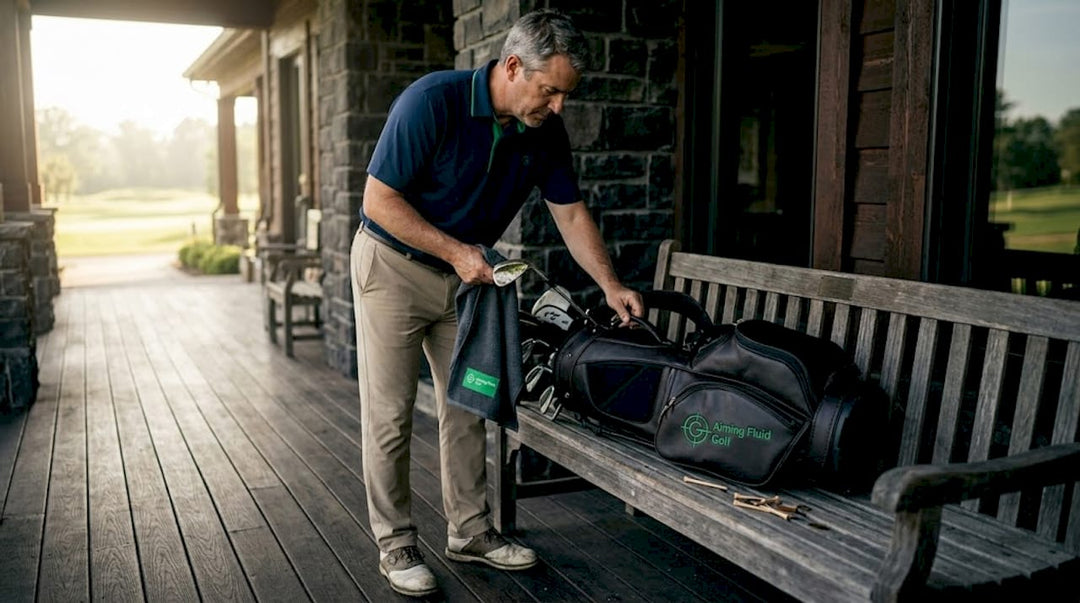 Golfer reviewing golf bag organization