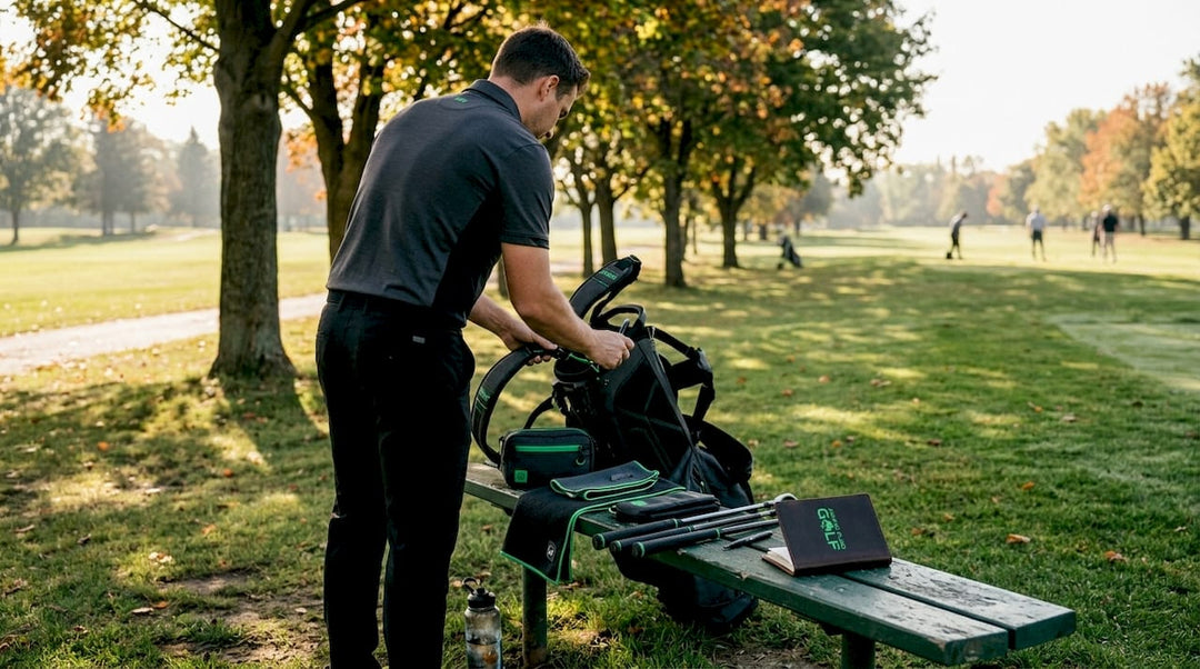 Golfer organizing modular gear at course bench